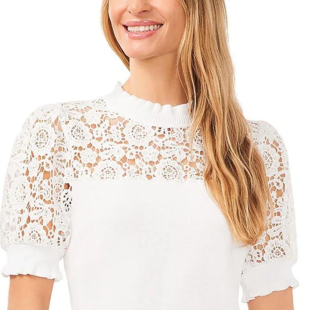 CeCe White Lace Yoke Puff Sleeve Turtleneck Sweater - Picture 2 of 4